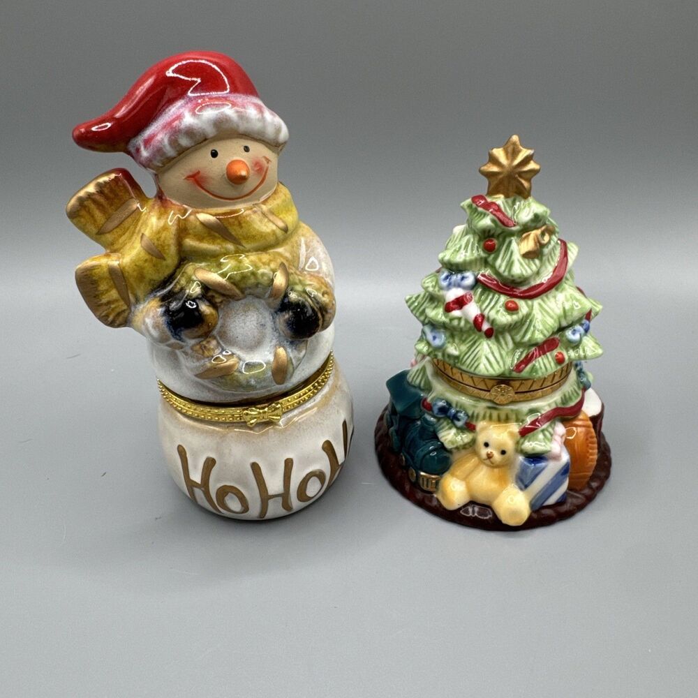 2 Trinket Boxes Porcelain Hinged Vintage Holiday Lot Snowman & Christmas Tree 5”